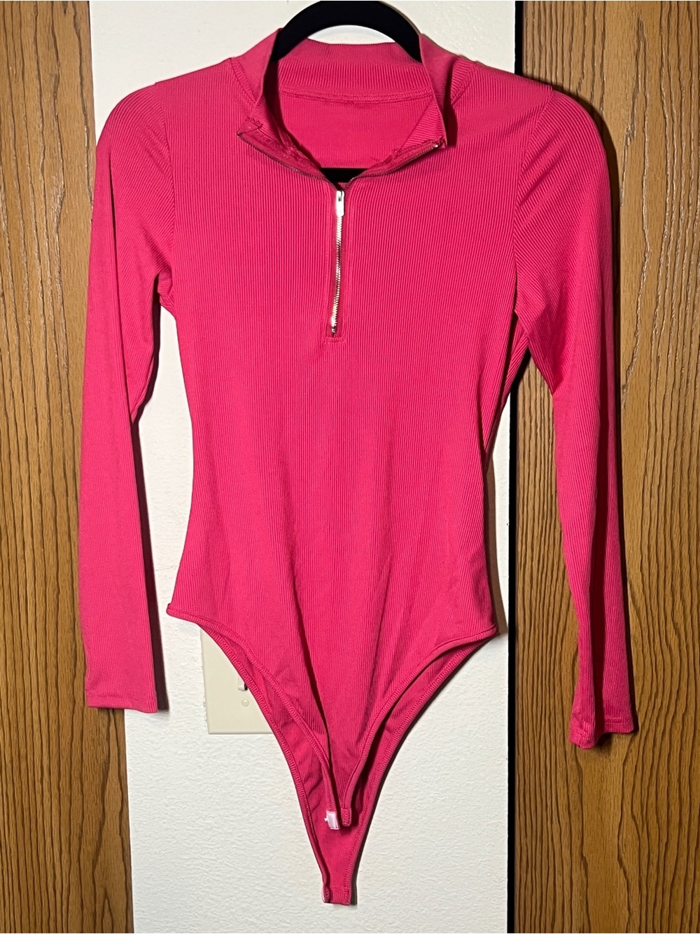 SHEIN EZwear Pink Ribbed Mock Neck Long Sleeve Half Zip Bodysuit- Size M/L